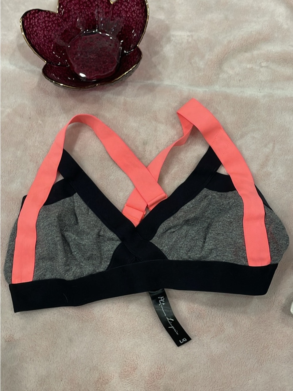 Platinum Lingerie Grey Sports Bralette with Coral Straps - Cross-Back Support